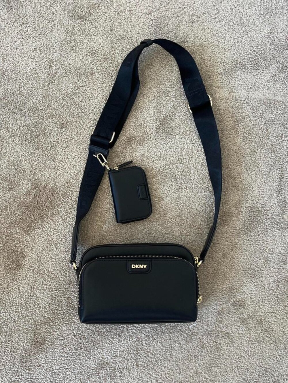 DKNY NYC Capsule Camera Crossbody Bag Black Nylon Gold Hardware Wide Strap